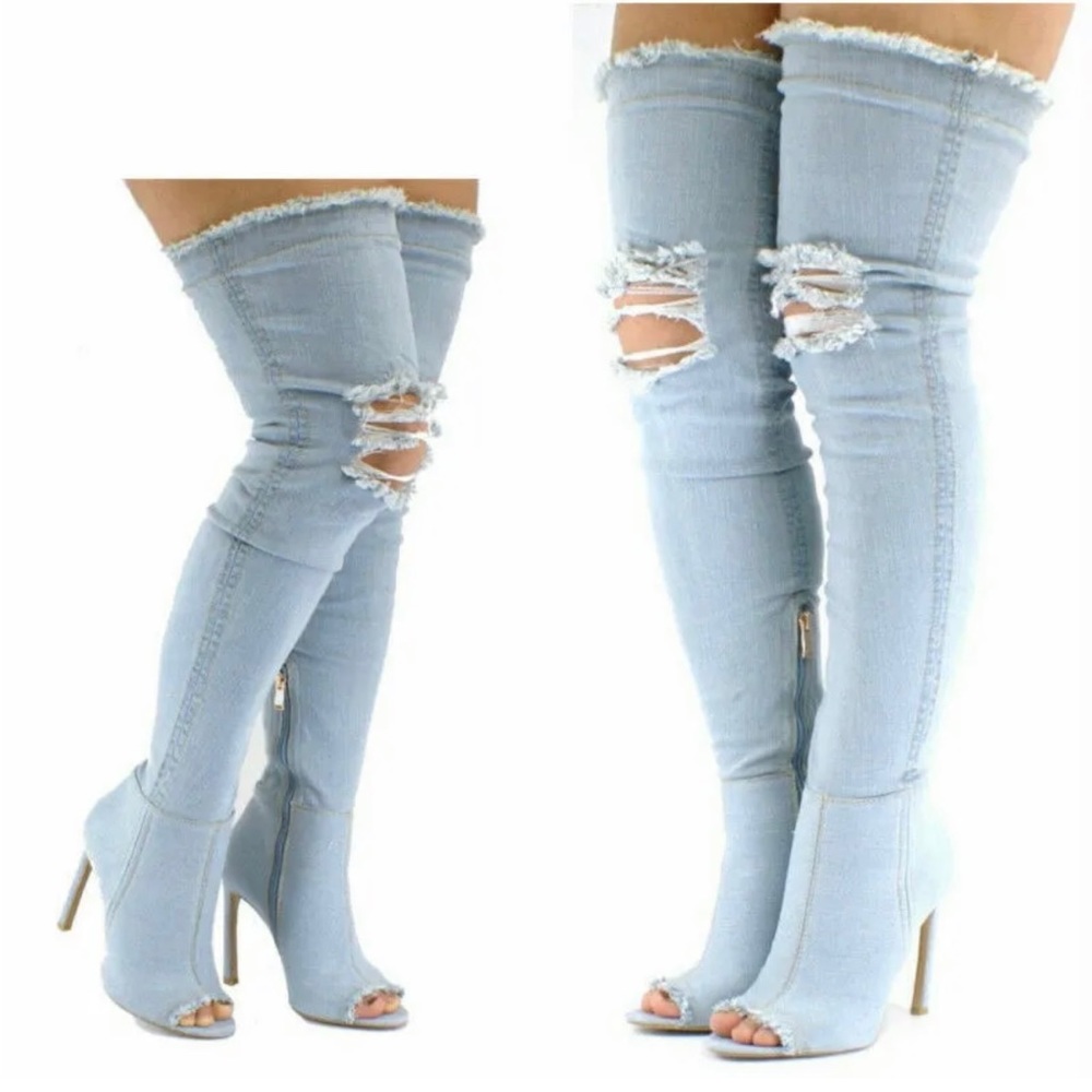 🖤SOLD🖤 New Light Denim Over the Knee Peep Toe High Heel Boots. - Picture 3 of 6